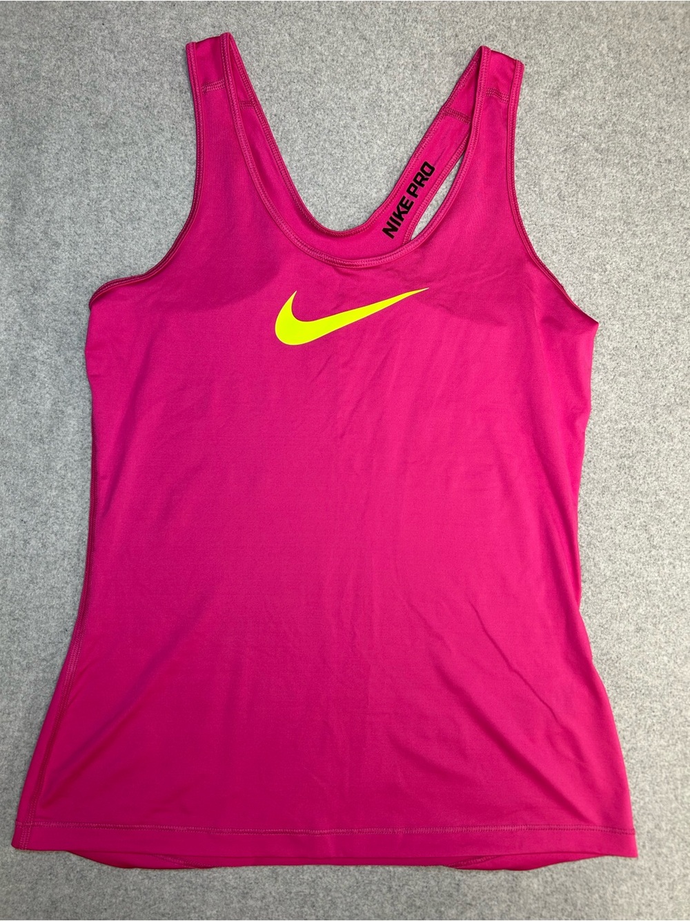 Nike Pro Women's Dri-Fit Pink Tank Top with Yellow Swoosh Medium